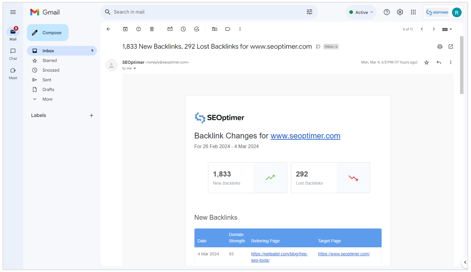 riepilogo email dei cambiamenti dei backlink